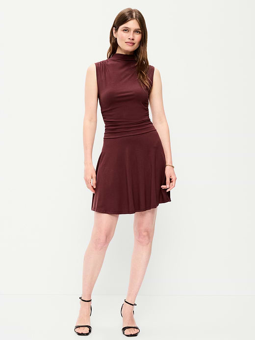 Gathered Mock-Neck Drop-Waist Mini Dress - Red Lacquer