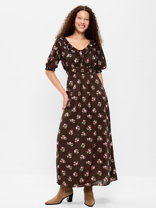 Ruffle-Collar Boho Maxi Dress - Brown Floral