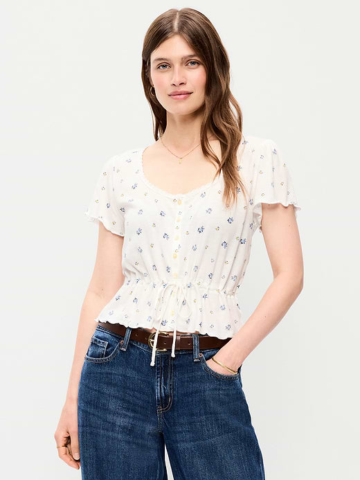 Lace-Trim Button-Down Top - White Floral