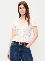 Lace-Trim Button-Down Top - White Floral