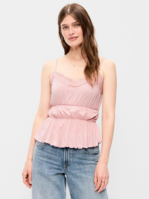 Lace-Trim Smocked-Waist Tank Top - Abalone Pink