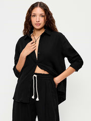 Open-Back Crinkle Gauze Button-Down Shirt - Black Jack