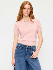 Tie-Front Seaside Cotton Pointelle Cropped Polo - Abalone Pink