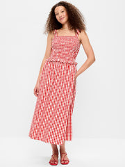 Fit & Flare Smocked-Bodice Midi Dress - Red Gingham