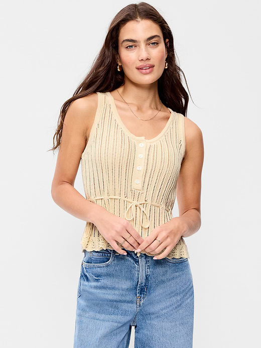 Seaside Cotton Pointelle Peplum Tank Top - Cozy Cashmere