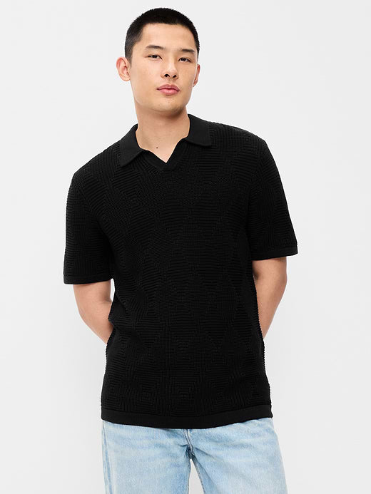 Mixed-Stitch Polo Sweater - Black Jack
