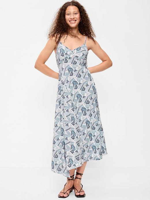 Fit & Flare Tie-Back Asymmetrical Midi Dress - Patchwork (Multi Blue)