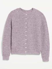 Cozy Crew-Neck Wool-Blend Cardigan - Rose Dawn
