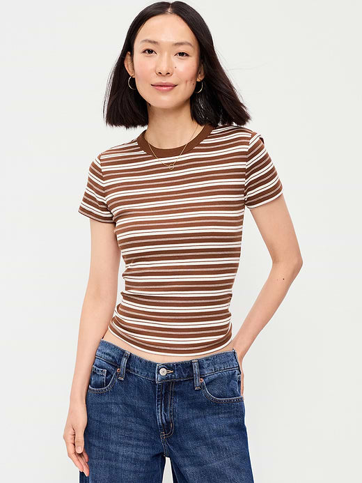 Snug Crop Ribbed T-Shirt - Earth Brown Stripe