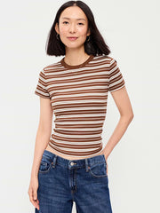 Snug Crop Ribbed T-Shirt - Earth Brown Stripe