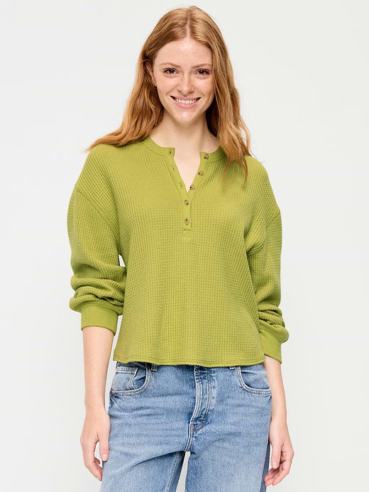 Long-Sleeve Crew-Neck Henley T-Shirt - Wasabi