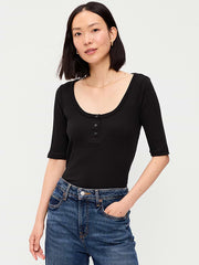 Scoop-Neck Fitted Henley Top - Light Black Heather