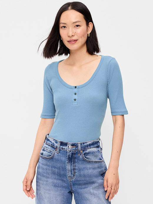 Scoop-Neck Fitted Henley Top - Naturalist Blue