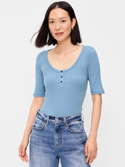 Scoop-Neck Fitted Henley Top - Naturalist Blue