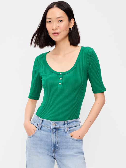 Scoop-Neck Fitted Henley Top - Rainforest Jewel