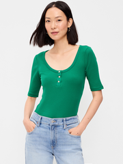Scoop-Neck Fitted Henley Top - Rainforest Jewel