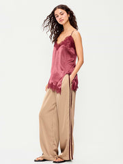 High-Waisted Satin Track Pants - Toasted Almond