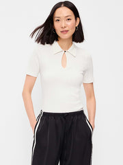 Ribbed Keyhole Polo Top - Sea Salt