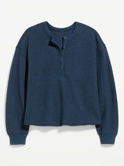 Long-Sleeve Crew-Neck Henley T-Shirt - Gothic Blue