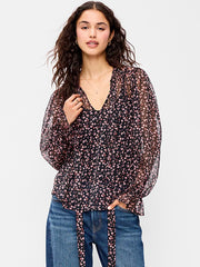Chiffon Semi-Sheer Tie-Front Top - Pink Floral