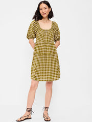 Puff-Sleeve Smocked Mini Swing Dress - Green Plaid