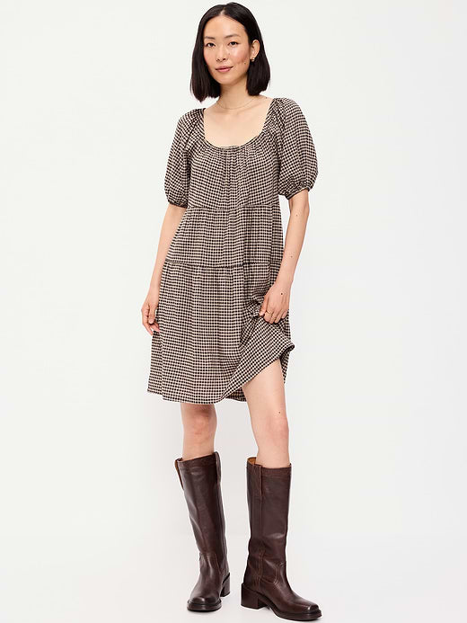 Puff-Sleeve Smocked Mini Swing Dress - Black/Black Gingham