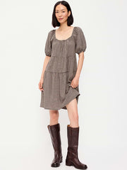 Puff-Sleeve Smocked Mini Swing Dress - Black/Black Gingham