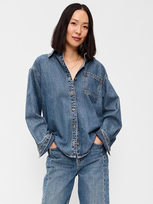 Oversized Boyfriend Button-Down Jean Shirt - Medium Wash