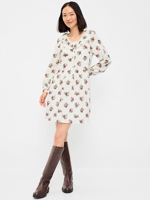 Long-Sleeve Ruffle-Collar Swing Mini Dress - White Floral