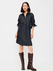 Long-Sleeve Denim Mini Shirt Dress - Dark Wash