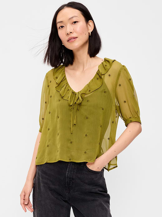 Sheer Ruffle Collar Tie-Front Chiffon Top - Mysterious Fern