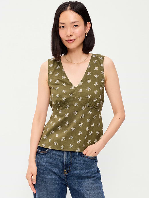 Sleeveless V-Neck Tie-Back Top - Green Floral