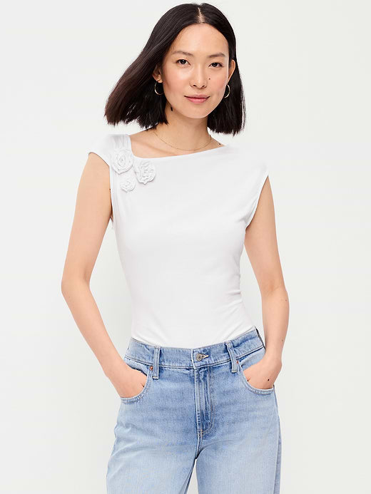Gathered-Shoulder Rosette Top - White Lilies