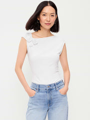 Gathered-Shoulder Rosette Top - White Lilies