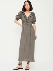Ruffle-Trim Boho Maxi Dress - Small Black Plaid