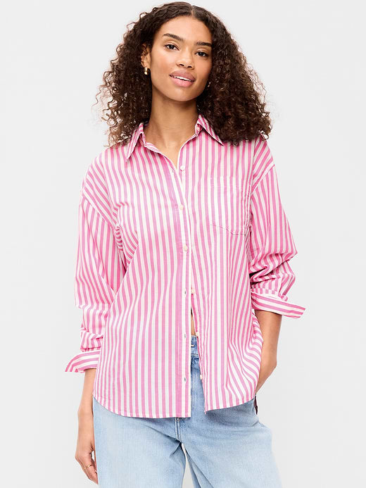 Oversized Button-Down Boyfriend Shirt - White/Pink Stripe