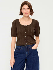 Seaside Cotton Short-Sleeve Button-Down Sweater - Earthen