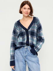 SoSoft V-Neck Cardigan Sweater - Blue Plaid