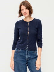 Long-Sleeve Button-Front Cutout Pointelle Top - In the Navy