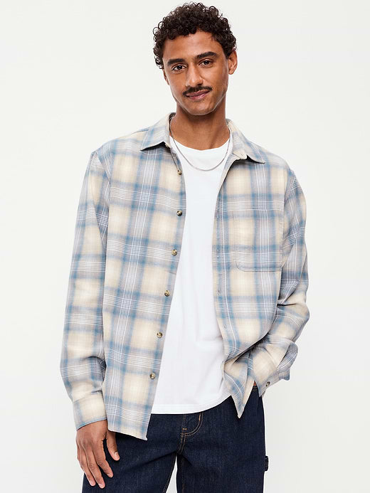 Relaxed Long-Sleeve Plaid Flannel Pocket Shirt - Creme De La Creme