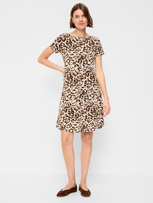 Short-Sleeve Mini Swing Dress - Leopard
