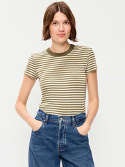 Snug Crop Ribbed T-Shirt - Green Multi-Stripe