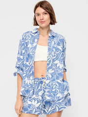 Open-Back Button-Down Shirt - Paradise Blue Print