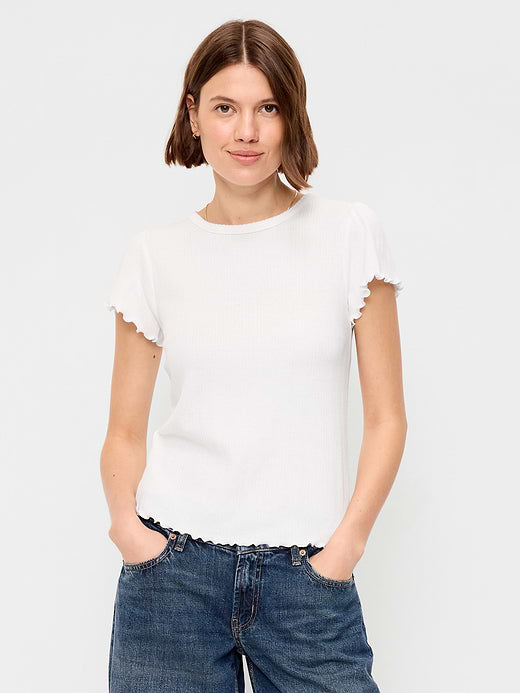 Lettuce-Edge Pointelle Top - White Lilies