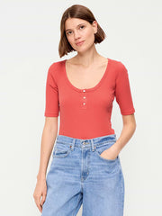 Scoop-Neck Fitted Henley Top - Ginger Cake