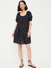 Puff-Sleeve Smocked Mini Swing Dress - Black Floral