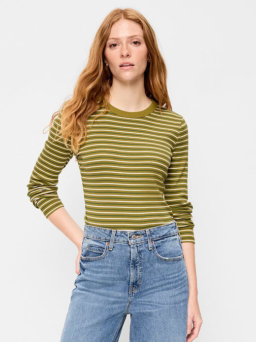 Snug Long-Sleeve Striped Ribbed T-Shirt - Green Multi-Stripe