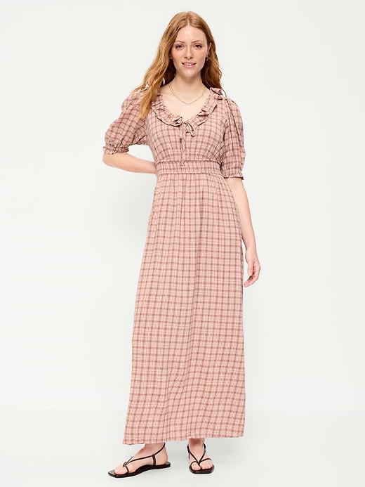 Ruffle-Trim Boho Maxi Dress - Pink Plaid