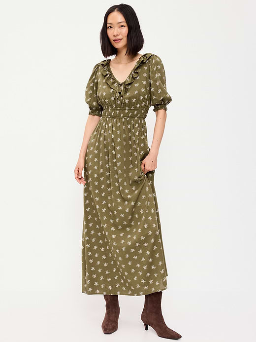 Ruffle-Collar Boho Maxi Dress - Green Floral
