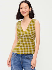 Sleeveless V-Neck Tie-Back Top - Green Plaid